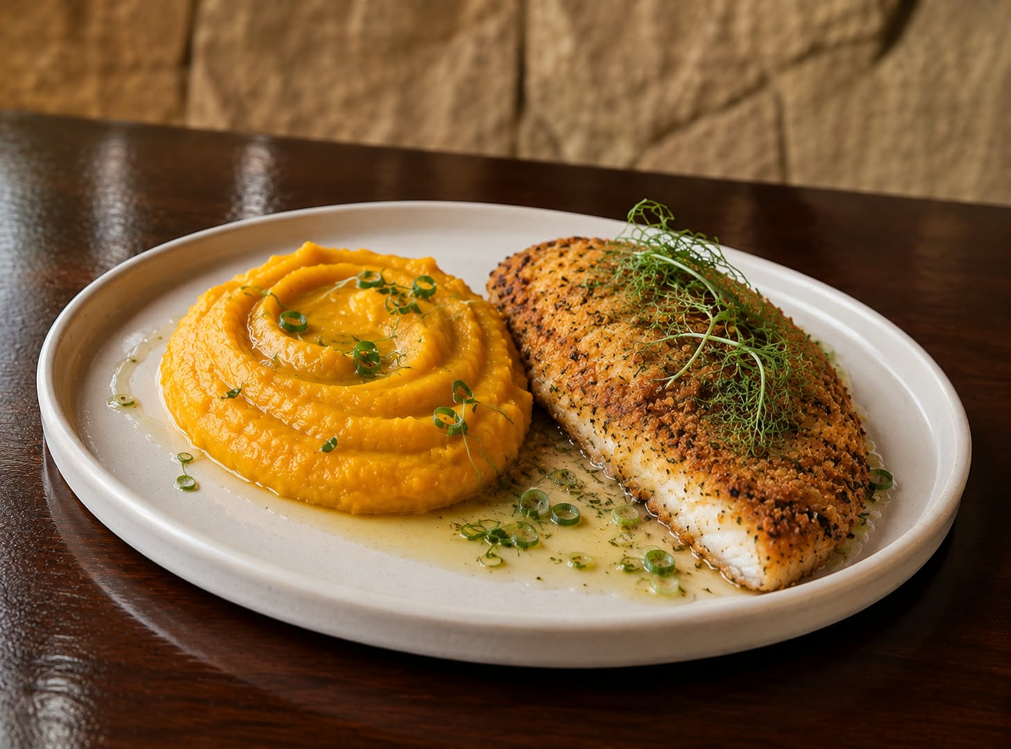 Filet de pescado crisppy con cremoso de calabaza y jengibre